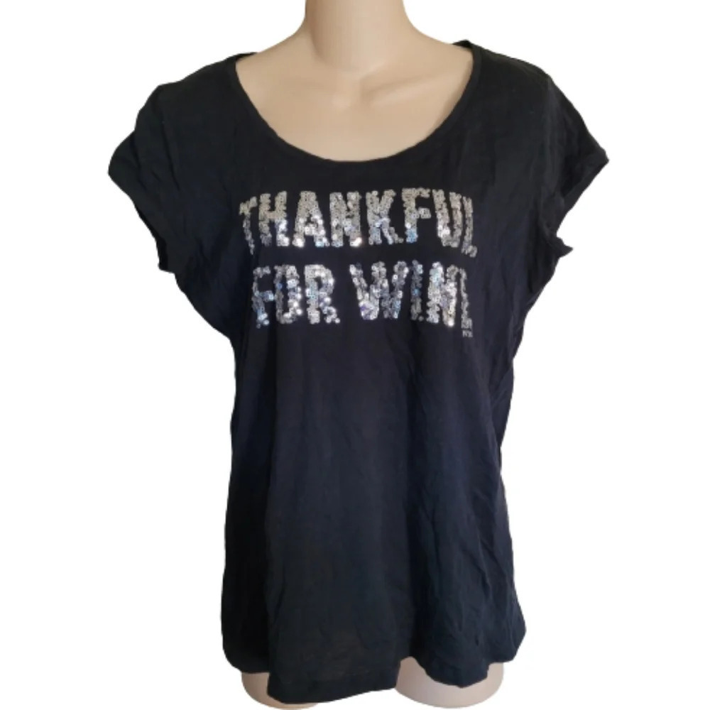 New York & Company Black Silver Sequins Thankful for Wine T-shirt Size Medium